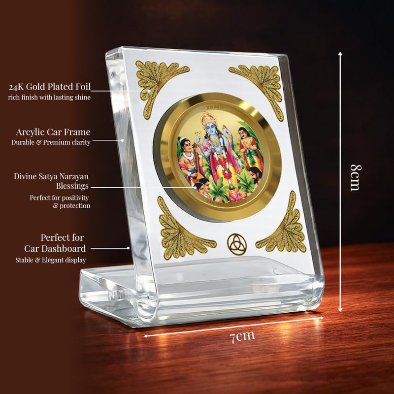 Image of DIVINITI 24K Gold Plated Lord Satyanarayan Acrylic Frame for Car Dashboard, Home Temple & Office Table | Premium Spiritual Gift, Blessings for Protection & Positivity, 8x7 cm Decorative Showpiece