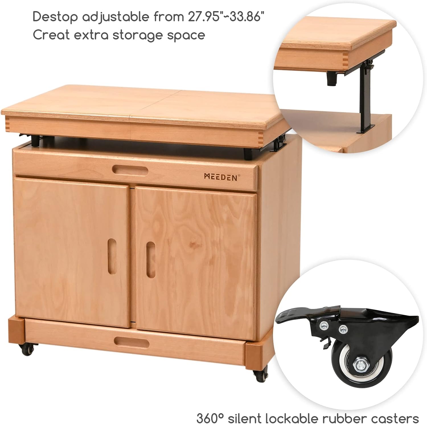 MEEDEN Artist Taboret Rolling Cart, Solid Beech Wood Artist Storage Cart on Wheels with Lifting Desktop, Art Cart on 4 Lockable Wheels for Painting Supplies, Up to 11 Different Storage Units : Office Products