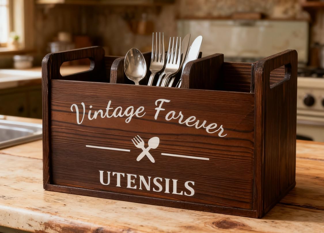 Rustic Wood Kitchen Utensil Holder, 3-Section Organizer with Vintage Forever Design, Large Capacity Storage Caddy, 11.8 x 6.7 x 4.7 inches (White, Large)