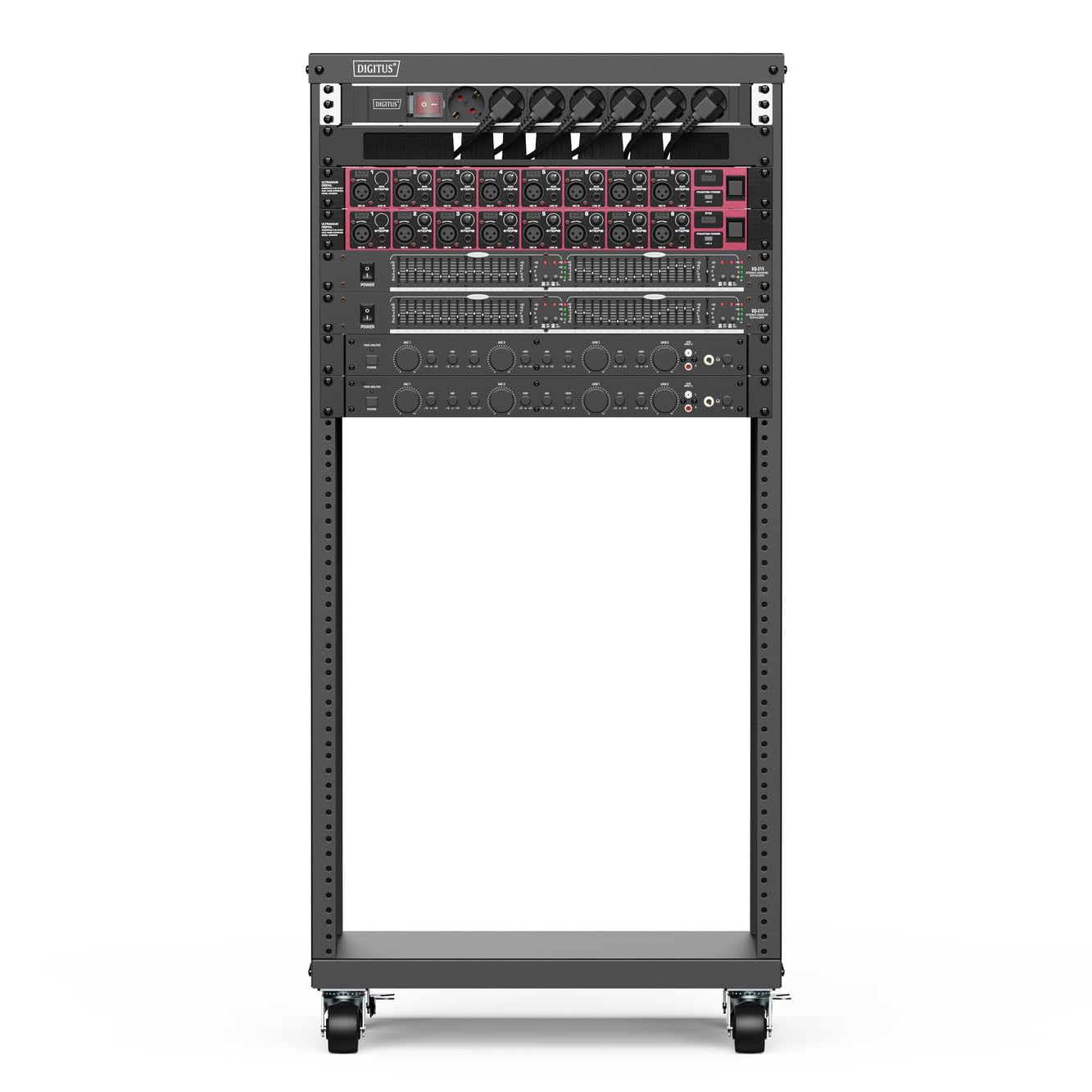 DIGITUS Universal 19 Zoll Rack – 21HE – Audio-Rack – Unmontiert – Schwarz | 457,8 mm Nutztiefe – EU oder US-Schraubgewinde – 136 kg Traglast – Mit Rollen und 1HE Blindpanel