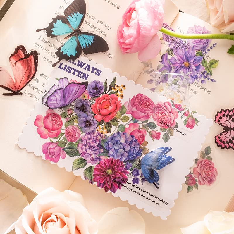 Butterfly Flower Stickers, Assorted Designs, Crafts and Decorations,300 Pcs Shiny Transparent Resin Waterproof Stickers Decals for Journals Daily Planner Laptop Decor, Scrapbooking Supplies