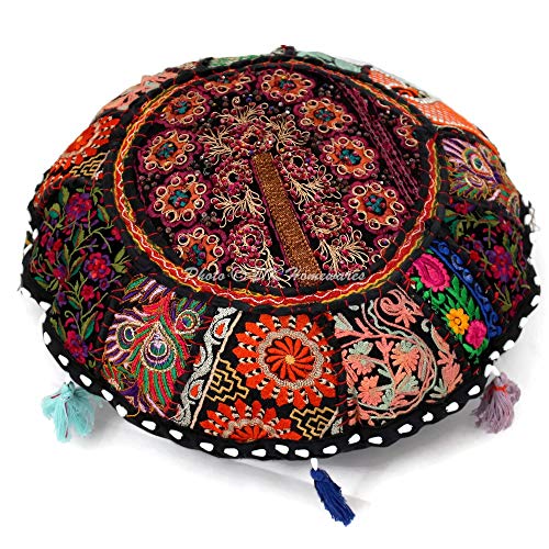Dk Homewares Indian Traditional Floor Cushion Cover Bohemian Black 18 Inch Patchwork Yoga Pouf Ottoman Home Decor Embroidered Vintage Cotton Round Floor Pillow Seating 18X18 #TOP3