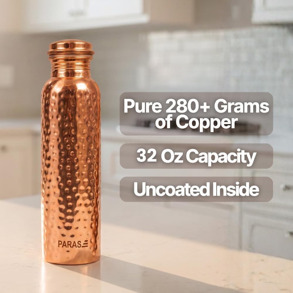 100% Pure Copper Water Bottle 32 oz – Handcrafted Ayurvedic Drinkware | Leak Proof BPA Free No Coating | Hammered Finish | Copper Vessel for Drinking Water & Gym Travel Yoga With Cleaning Brush