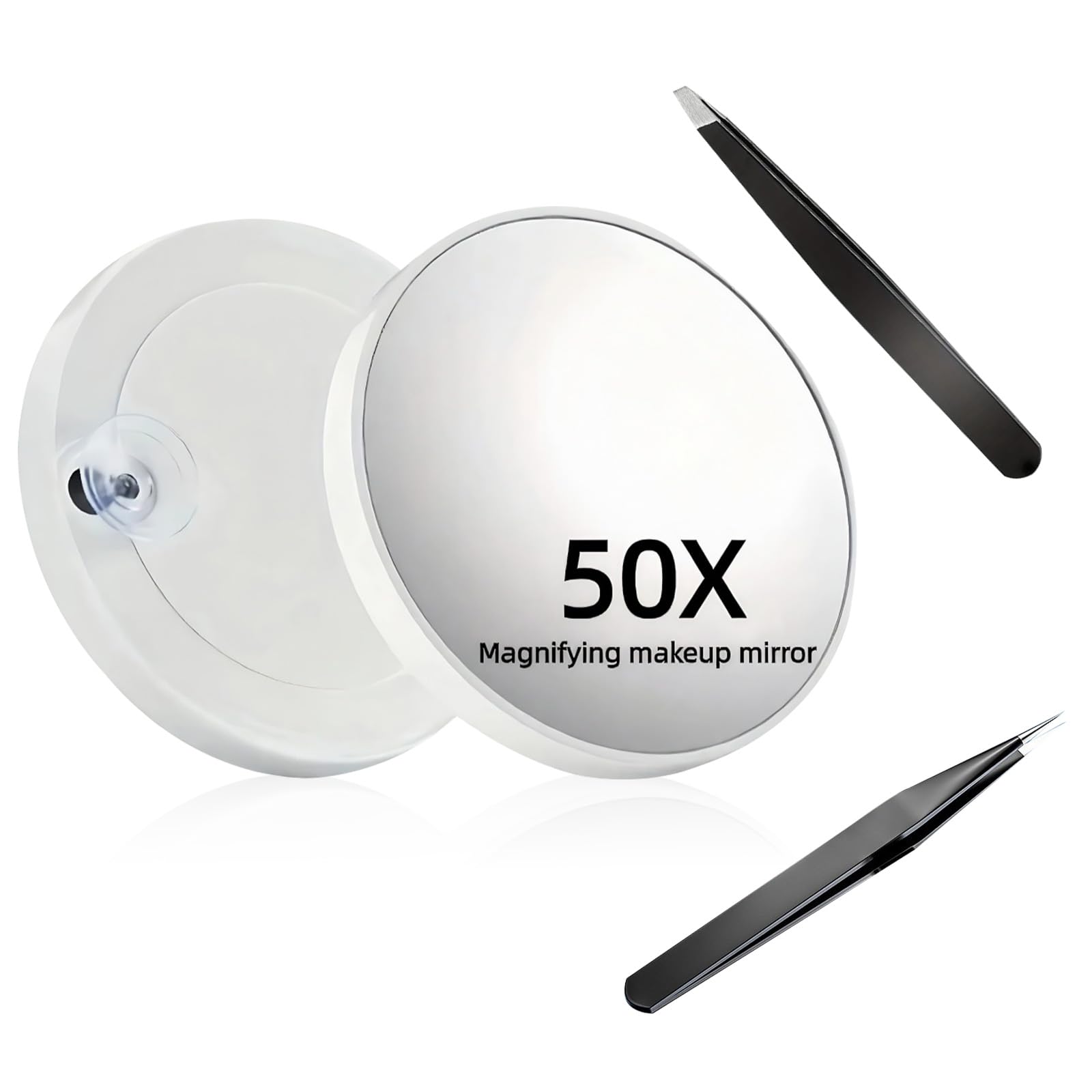 Uvwxba 50X Magnifying Makeup Mirror with Suction Cup & 2 Precision Tweezers - Compact Portable Magnifier for Detailed Makeup, Skincare & Contact Lens Wear (White)