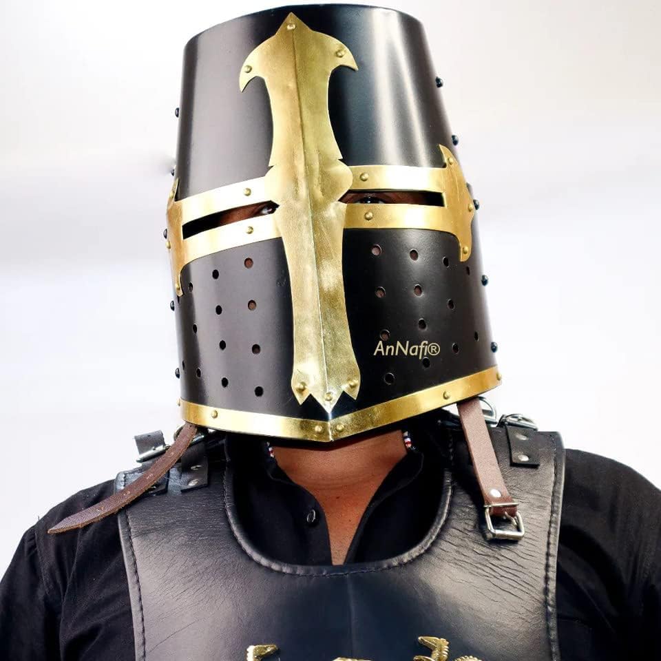 Miniatura 4 de AnNafi Réplica de casco medieval de caballero cruzado + malla de aluminio + soporte de casco de madera Disfraz de caballero cruzado templario