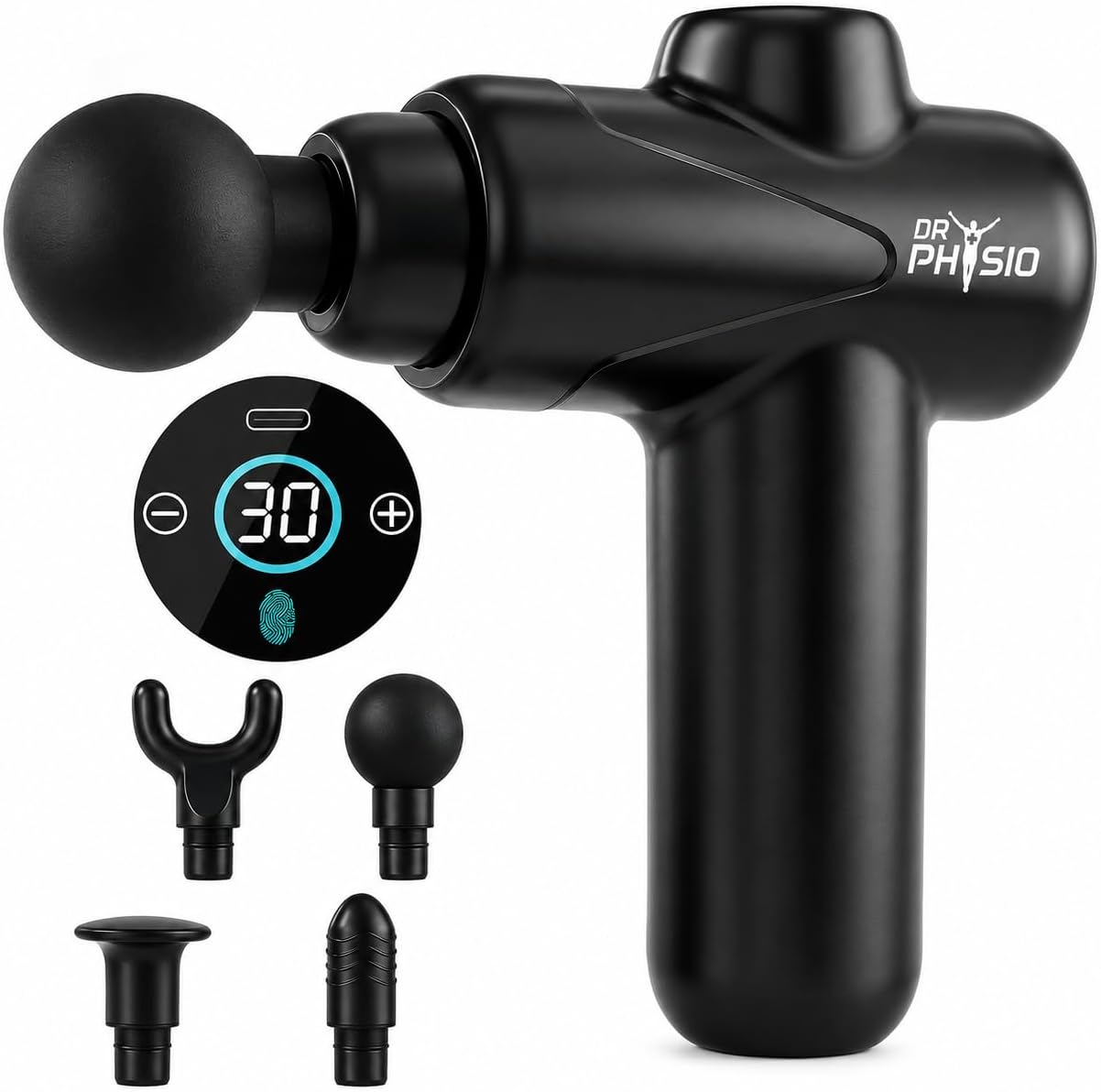 Dr Physio USA Touch Dynamo Rechargeable Percussion Massage Gun | 3000mAh Battery | 30 Speed Levels | 4 Removable Heads Electric Full Body Gun Massager, Pain Relief Cordless Deep Tissue Massage Machine