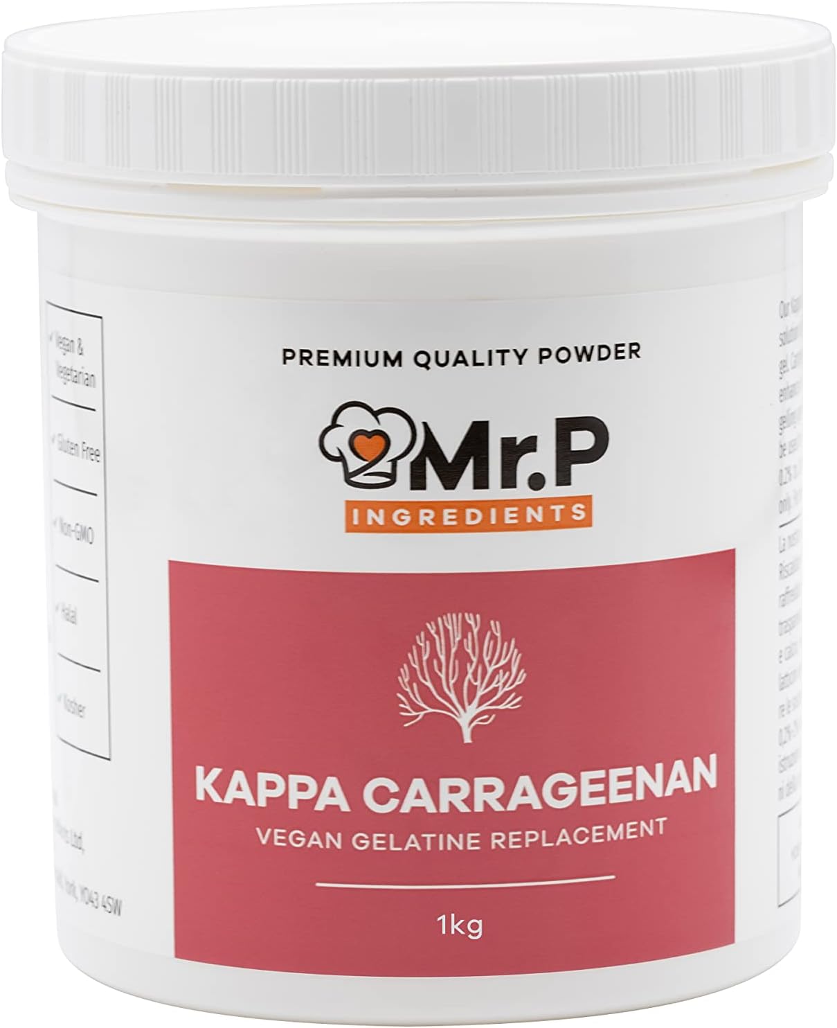 Mr.P Ingredients Kappa Carrageenan 1Kg Powder Gelling Agent Vegan Vegetarian Alternative to Gelatine Halal Kosher Gluten Free (Recyclable Pot)