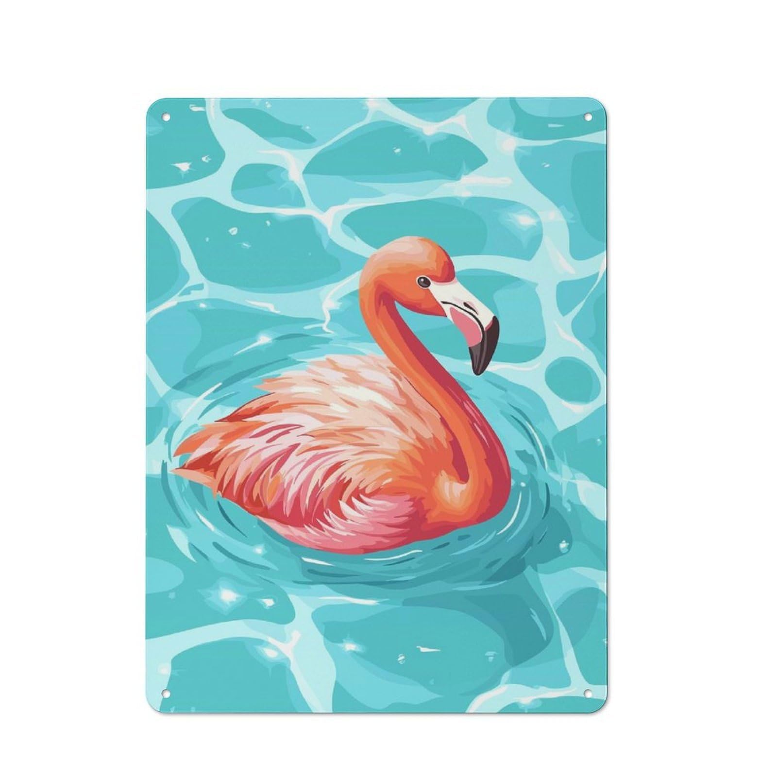 Metal Wall Plaque with Flamingo in Blue Water Illustration Design 40x30cm, Retro Room Wall Plaque for Home, Shop, Pub Or Studio Wall