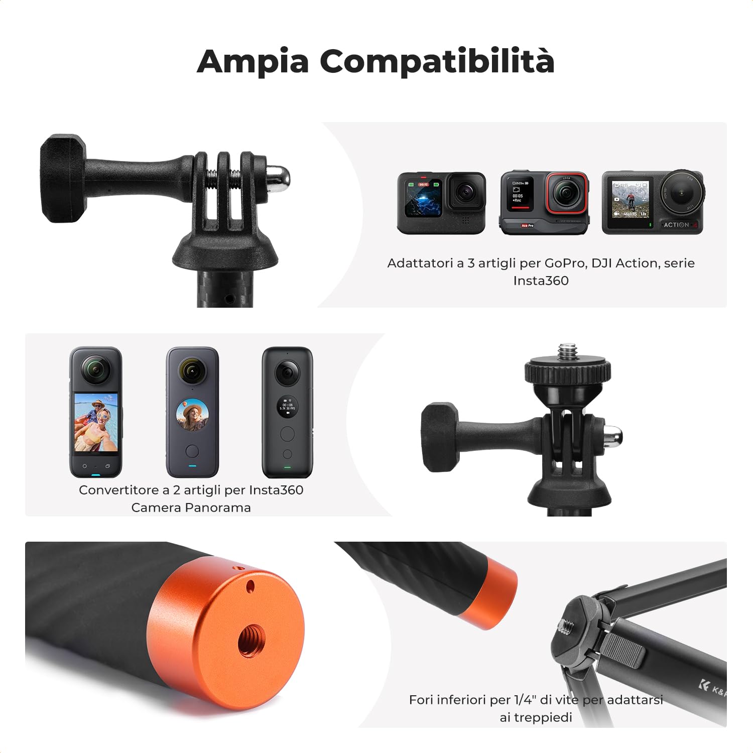 K&F Concept MS22 Selfie Stick, 127cm Bastone Selfie Invisibile in Carbonio, Monopiede Estensibile con Adattatore per Fotocamera Sportiva, Compatibile con GoPro Hero 13/12 Insta360 DJI Osmo Action