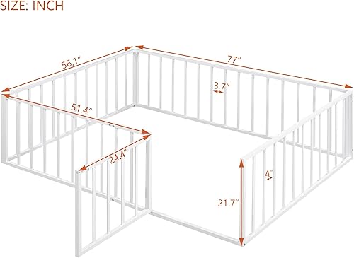 Miniatura 2 de Voohek Cama de suelo de tamaño matrimonial para niños pequeños de 1 a 3 años, con valla y puerta, marco de metal, no necesita listones, espacio de
