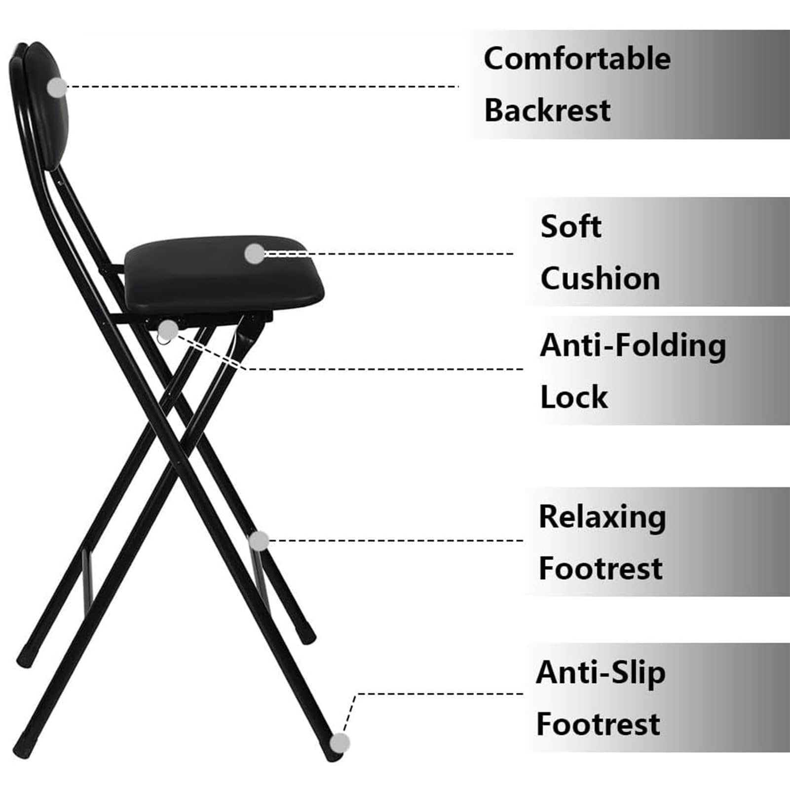 Taburete Plegable con Asiento Acolchado de 65 cm, Taburete Plegable de Bar 70cm, Taburete Plegable Portátil de Cocina con Reposapiés para cafetería, bistró, Oficina, Casa (65cm/26in,Negro)