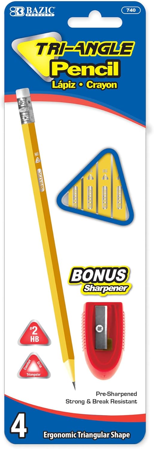 BAZIC Products Pencil Wood Pre-Sharpened #2 HB Triangle Pencils, Latex Free Eraser, Premium Wood Pre Sharpened Yellow Pencils for School Office (4/Pack), 24-Packs