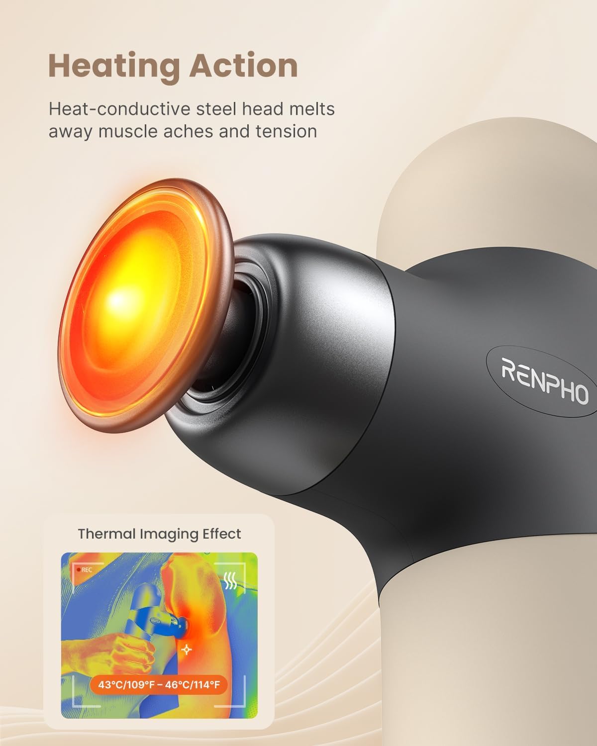 RENPHO Mini Thermal Massagepistole mit Wärmefunktion, Mini Massage Gun Tragbares Modisches Perkussions Massagegerät, mit Farbige Silikonhüllen, Reisegröße mit Tragetasche, für Muskel Massage, Beige
