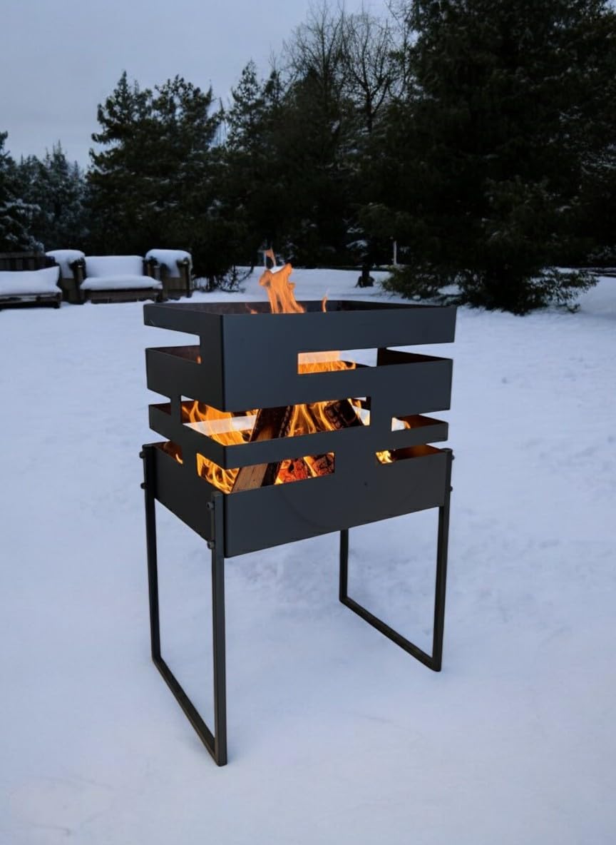 JP PLANTERS 24 Inch Rustic Corten Steel Fire Pit | Modern Cube Fire Bowl for Garden Bonfire Patio & Backyard Heating