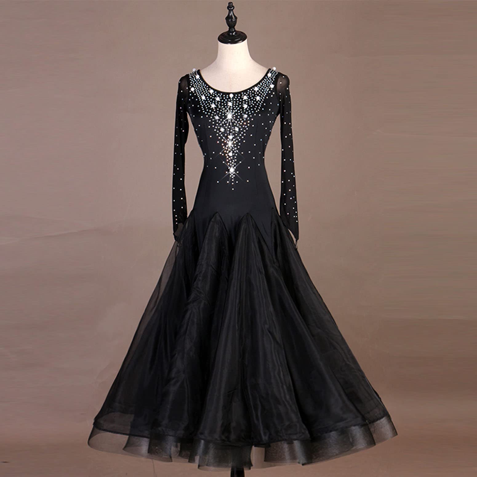 JRUIA Abiti da Ballo Professionali per Le Donne Costume da Prestazione Gara di Valzer A Maniche Lunghe in Rete Vestito da Ballo Standard Nazionale con Strass