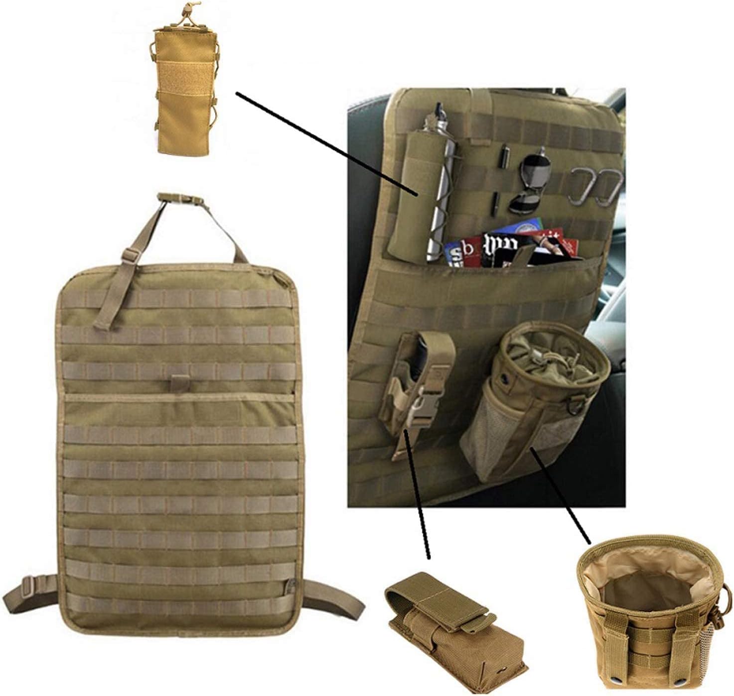 Molle Car Seat Organizer Vehicle Seat Back Storage Cover Mat Protector-（TAN）