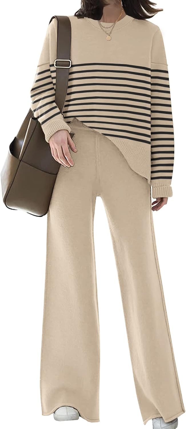 ETCYY NEW Womens Elegant Lounge Sets Knitted Sweatsuit Sets 2 Piece Outfits with Sweater Tops and Wide Leg Sweatpants