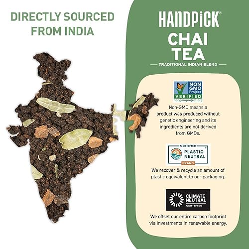Miniatura 4 de HANDPICK Masala Chai - Bolsas de té (100 unidades) fuertes, robustas y aromáticas, mezcladas con especias exóticas, canela, pimienta negra, clavo y