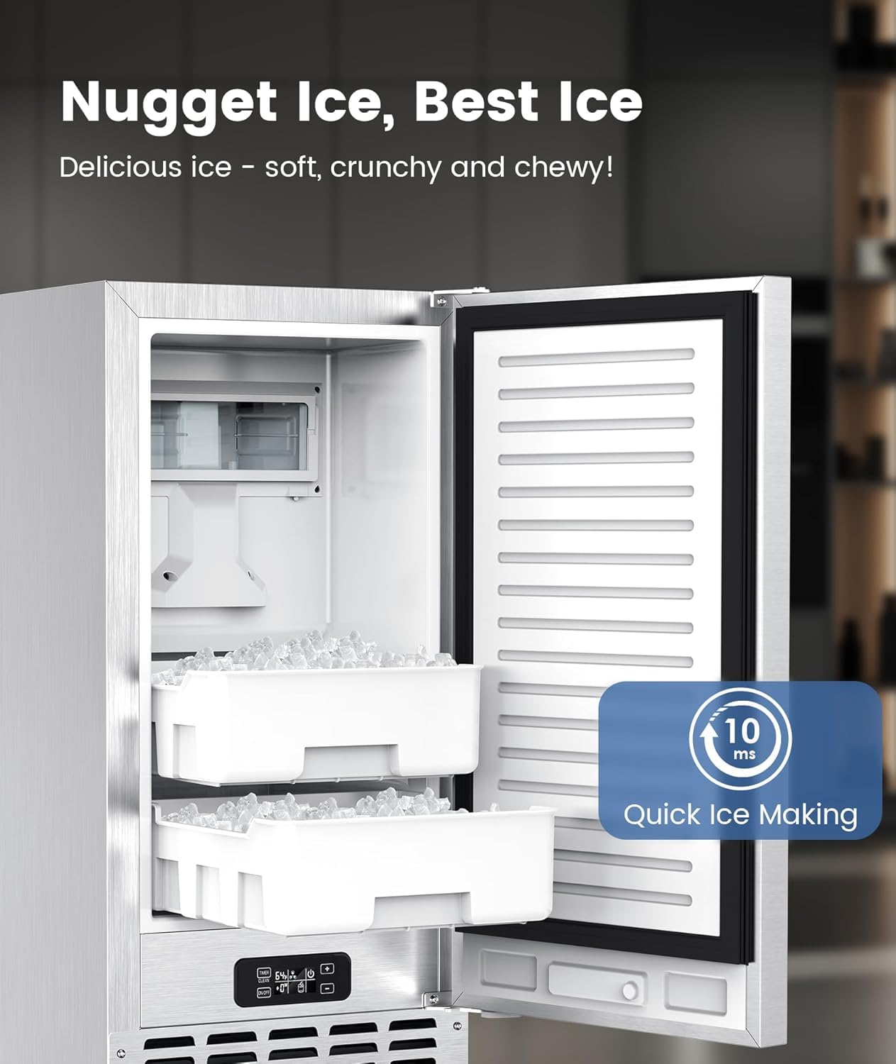Undercounter Nugget Ice Maker,Commercial Nugget Ice Machine,66 lbs/Day,Built-in or Freestanding‌ with ‌Self-Cleaning‌,24-Hour Timer‌,Stainless Steel Ice Maker for ‌Bars, Cafes, Businesses‌