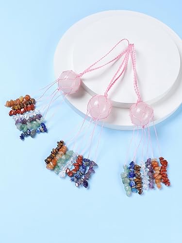 Miniatura 3 de PESOENTH Piedras de cuarzo rosa, cristales de chakra, adorno colgante para ventana de automóvil, carillones de viento, decoración bohemia, regalos