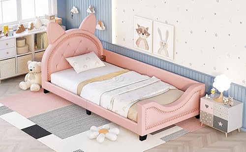 Harper & Bright Designs Twin Size Upholstered Daybed With Carton Ears Shaped Headboard For Kids Boys Girls, Pink #TOP5
