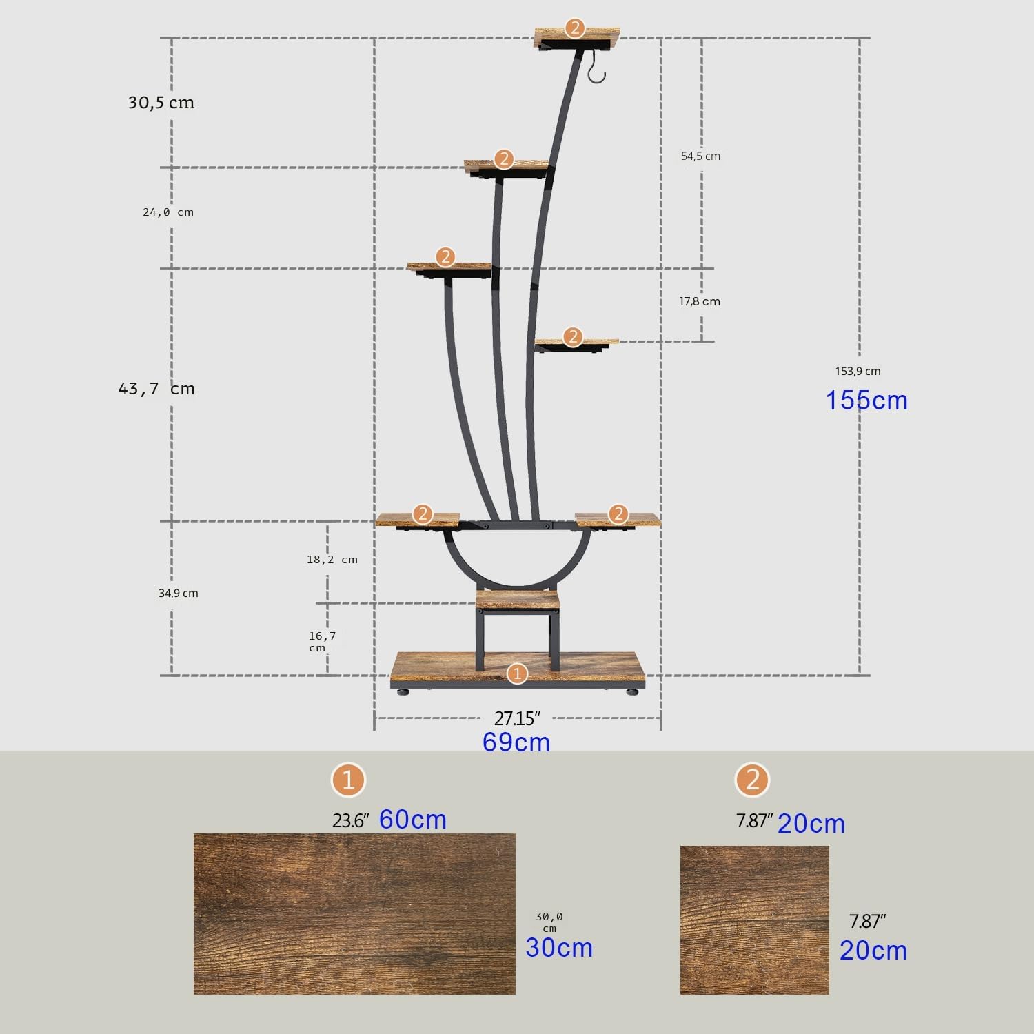 Trironsun Support pour plantes avec lumière de croissance - Étagère à 7 niveaux en métal et bois - Support de fleurs haut pour l'intérieur, le salon, le balcon ou le jardin