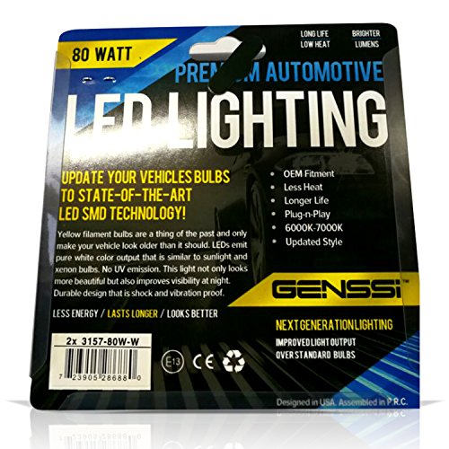 Genssi 2x 80W White 3157 3057 High Power LED 12V Brake Reverse Light Backup