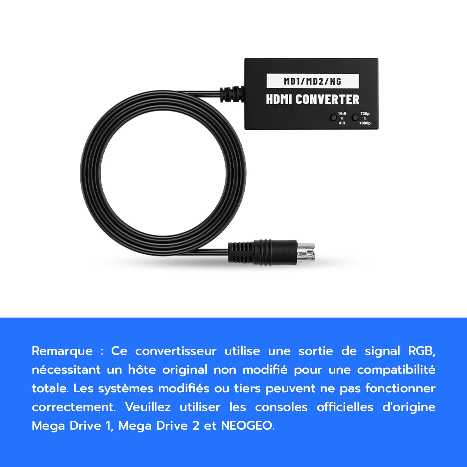 Mcbazel Adaptateur HDMI sans Couture pour Mega Drive/NEOGEO pour HDTV, Convertisseur vidéo Multifonction 4:3/16:9, 720P/1080P pour Mega Drive 1/Mega Drive 2/NEOGEO