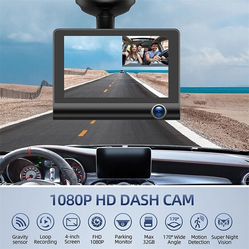 Image of DRUMSTONE ( 5+5 Years Warranty ) 4 Inch IPS Dashboard Dash Cam for Car - Full HD 1080P Recording, Front Rear Inside View, G-Sensor, Loop Video, Night View, Car Security DVR (𝐁𝐥𝐚𝐜𝐤)