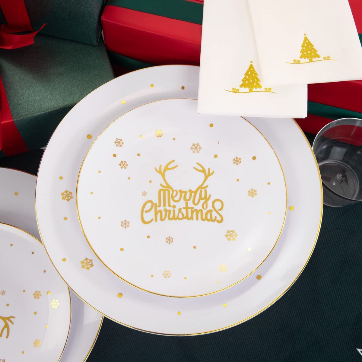 KAHEIGN 175 Pièces Réutilisable Vaisselle de Noël en Plastique Blanc Bordée D'or - 25 Assiettes Plates, 25 Assiettes Salade, 25 Couteaux, 25 Fourchettes, 25 Cuillères, 25 Serviettes pour 25 Invités