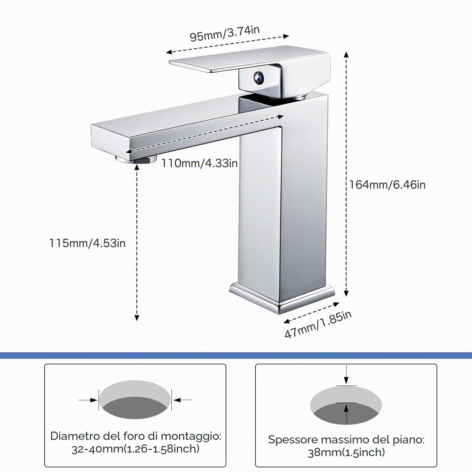 Rubinetto per Bagno, Miscelatore Monocomando per Lavabo, Rubinetto a Cascata con Altezza del Beccuccio di 115 mm, Moderna Rubinetteria per Lavabo Cromata, G3/8