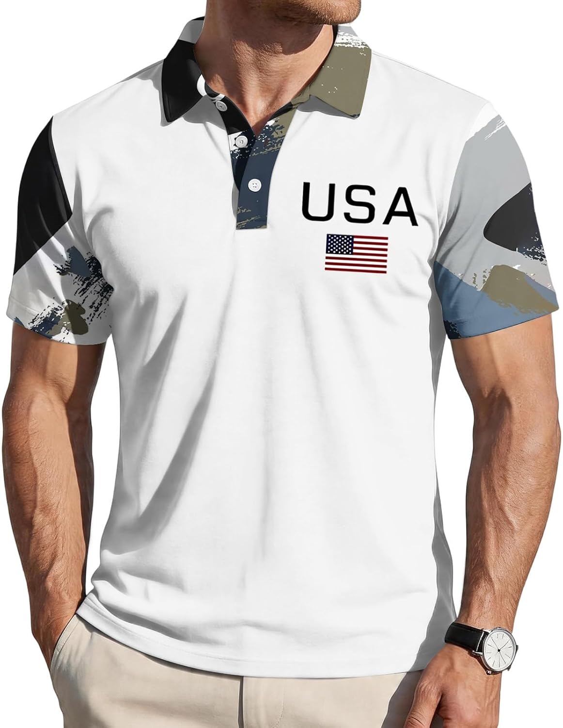 Ymosrh Men's Breeze Polo Shirts Short Sleeve Flag Print USA Anniversary American Patriotic Golf Shirts, S-4XL