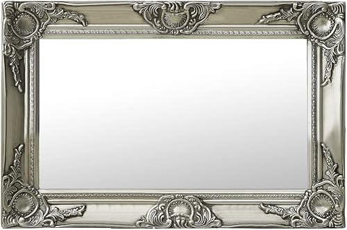 vidaXL Espejo de pared clásico, diseño de estilo barroco, borde biselado, fácil de instalar, marco de madera, acabado plateado, forma rectangular,
