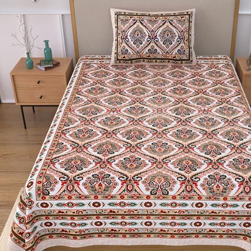 Image of 100% Cotton Single Bedsheet with 1 Pillow Cover | 240 TC Pure Cotton Flat Bed Sheet | Traditional Jaipuri Printed Bedding Set | Soft & Breathable | 60 x 90 Inch (Rangmahal Single 26)