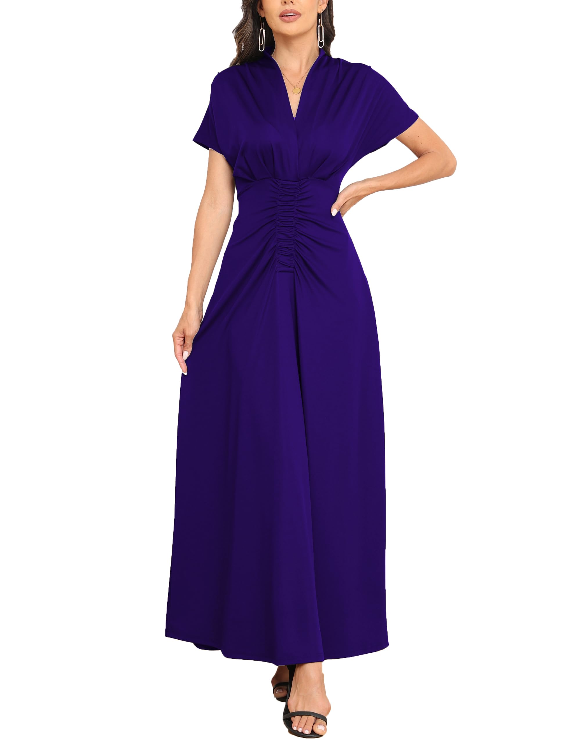 size M,Women's 2024 Summer Short Sleeve V Neck Wrap Ruched A-Line Wedding Guest Cocktail Party Flowy Maxi Dress