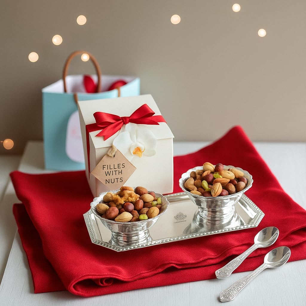 ndian Art Villa Silver-Plated Bowl Spoon Tray Set – 2 Bowls, 2 Spoons & 1 Tray in Red Velvet Box – Elegant Decorative Set for Wedding, Diwali, Christmas, New Year, Home Use & Special Occasions