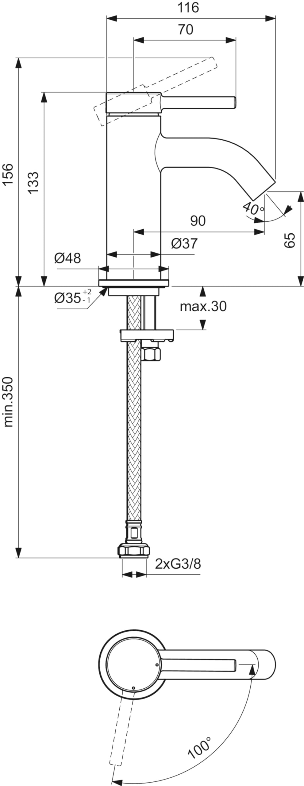 Ideal Standard - Ceraline, grifo monomando pequeño, grifo lavabo compacto con cartucho FirmaFlow, sin barra de control ni desagüe, Easyfix, cromado