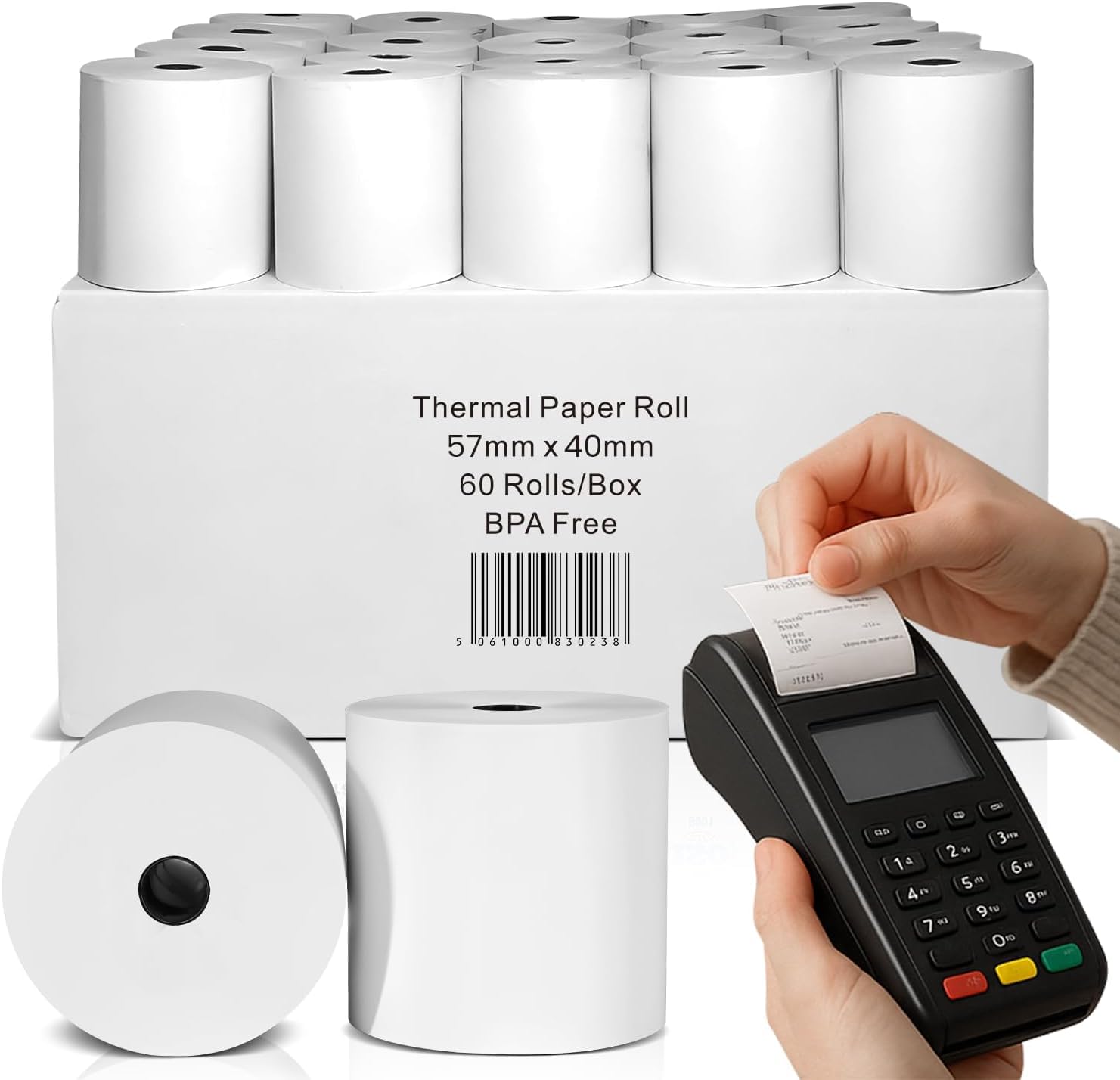 57x40mm Thermal Paper Rolls 60 Pack โ Premium BPA-Free POS Receipt Paper for Cash Registers, Card Readers & Portable Printers โ High-Performance Thermal Paper Till Rolls for Businesses.
