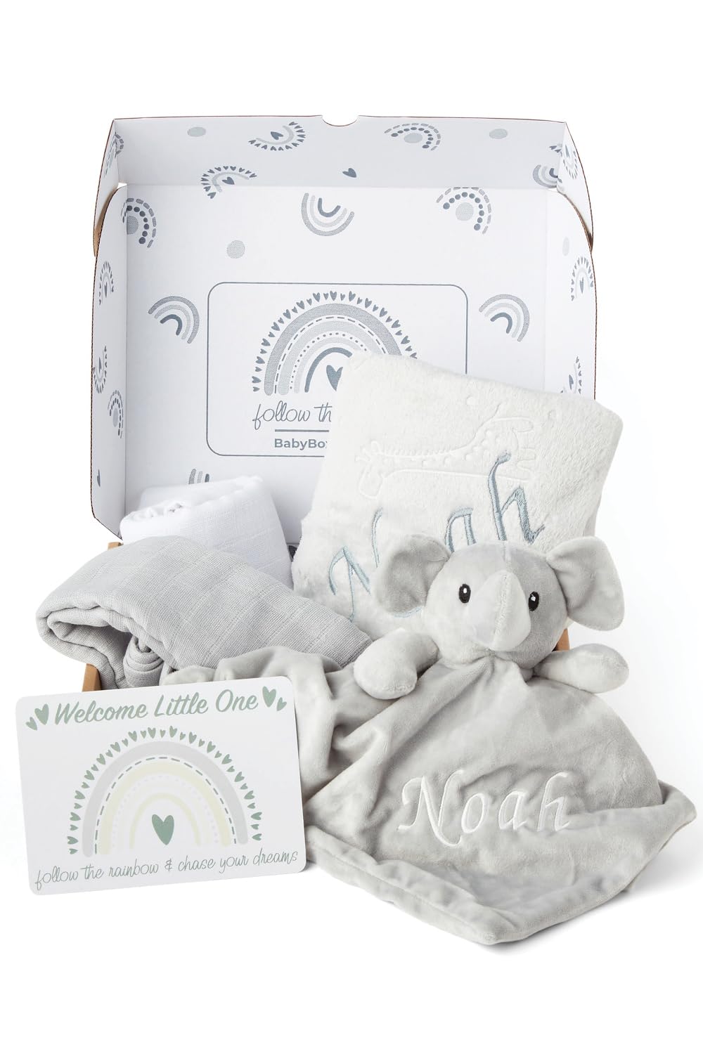 Baby Box Shop - Personalised Baby Gifts Ideal as Baby Shower Gifts & Christening Gifts Unisex - Personalised Flannel Wrap & Muslin Cloths with Grey Elephant Baby Comforter & Gift Message Card