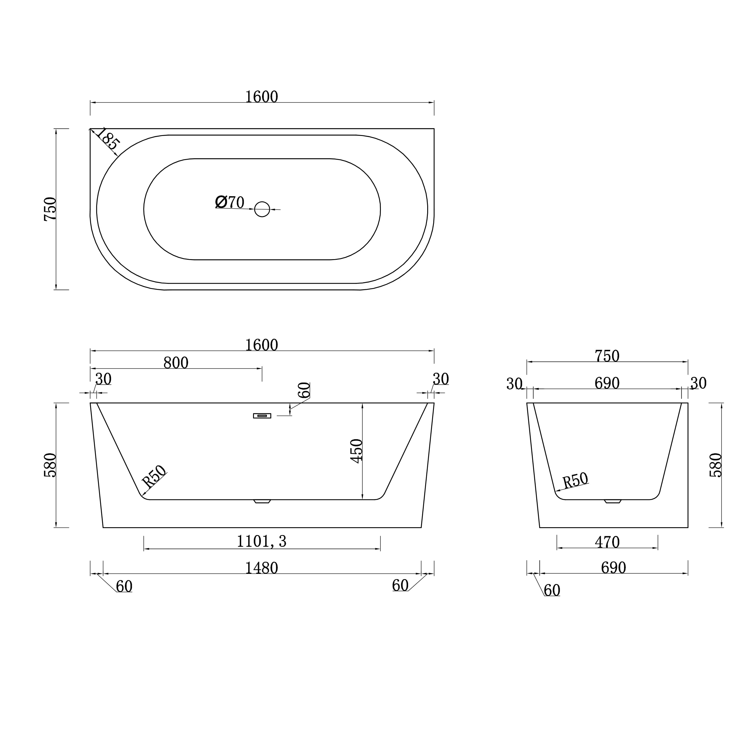 AQUAUNO Vasca da bagno indipendente 160 x 75 cm ovale in acrilico per montaggio a parete in acrilico sanitario di alta qualità, con scarico click, troppopieno, copertura, telaio in acciaio e scarico