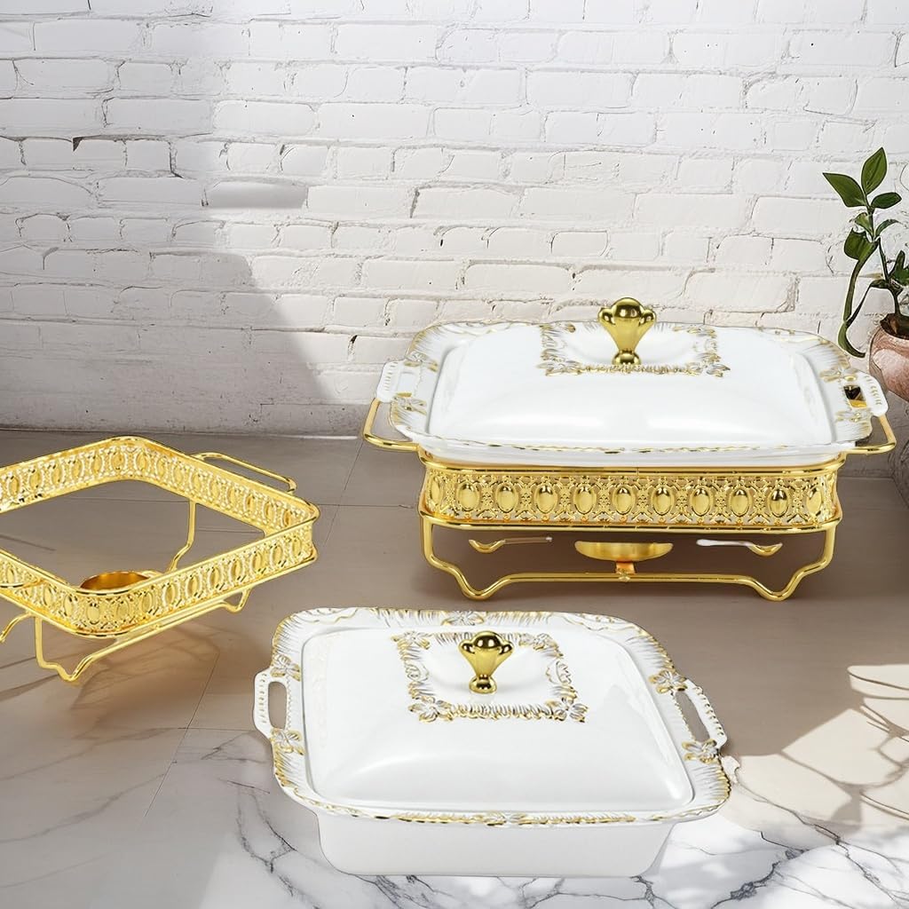 Elegant Square White Ceramic Chafing Dishes Set for Buffet,3pc (1.2L/1.8L/2.8L),Gold - Trimmed Catering Supplies with Candle Heating Trays,Perfect for Parties, Events & Buffet Warmers