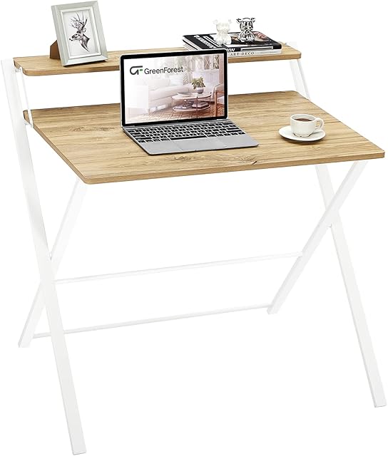 GreenForest Small Folding Desk No Assembly Required,24.8 x 17.7 inch 2-Tier Computer Desk with Shelf Space Saving Foldable Table for Small Spaces, Oak