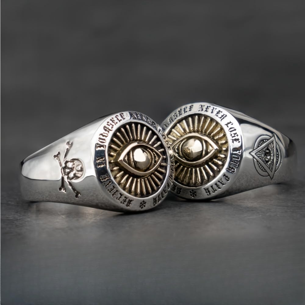 ForFox Anillo ojo de dios que todo lo ve masónico de plata de ley 925 con calavera y tibias cruzadas para hombres mujeres abierto y ajustable