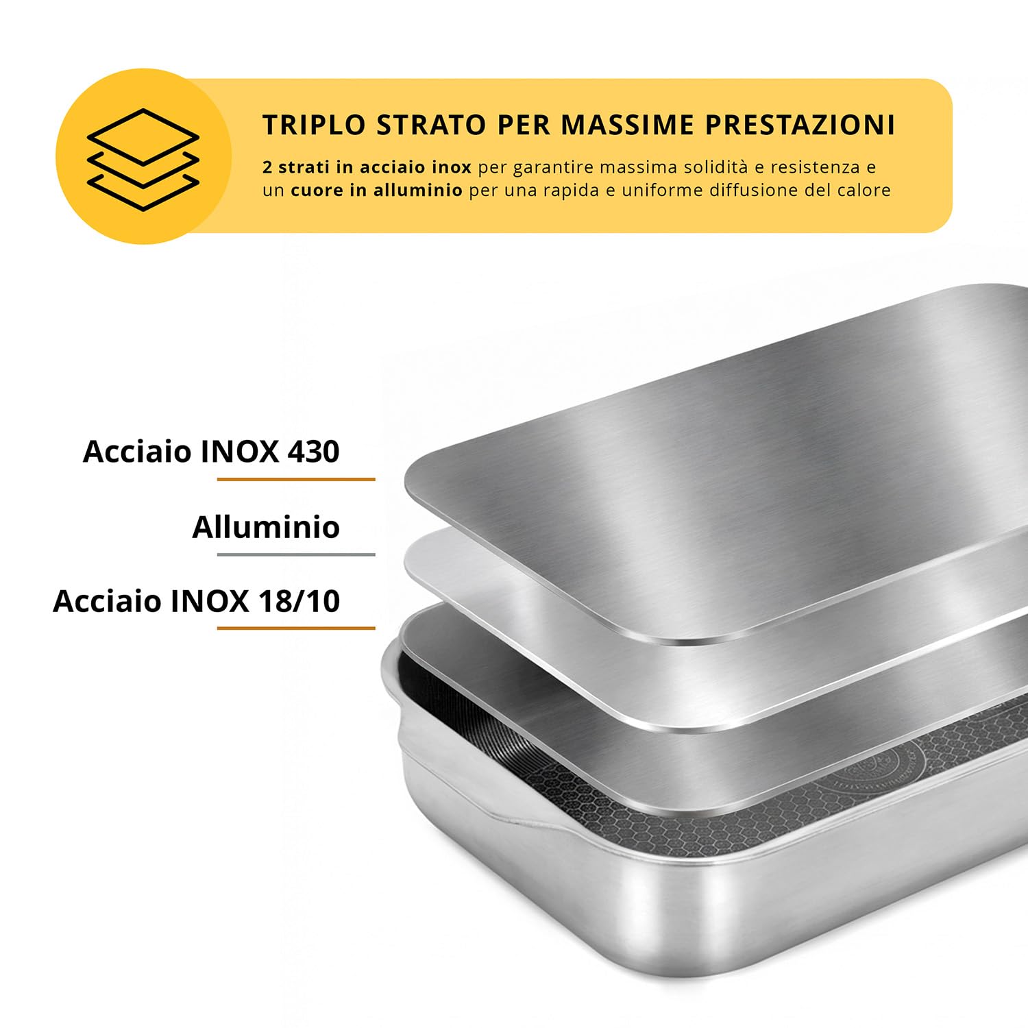 KASANOVA Teglia 30x16x6 cm per forno e piano cottura Tri - Ply