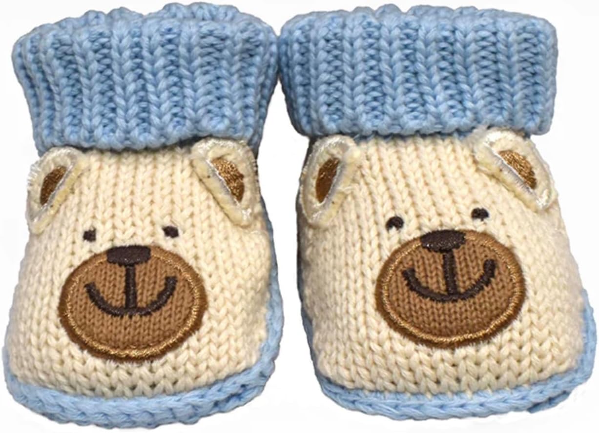Shag Wear Newborn Baby Boy Bear Knit Socks, Soft and Cozy Cute Design with Folded Cuff 100% Cotton Blue and Beige