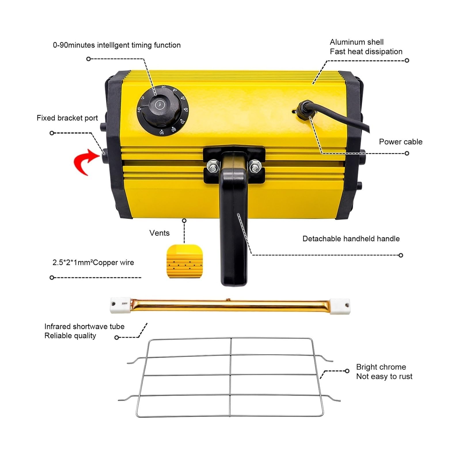 1000W Handheld Portable Infrared Paint Curing Lamp Short-Wave Infrared Paint Heating Lamp for Indoor Use(Yellow(SC-001-Y))