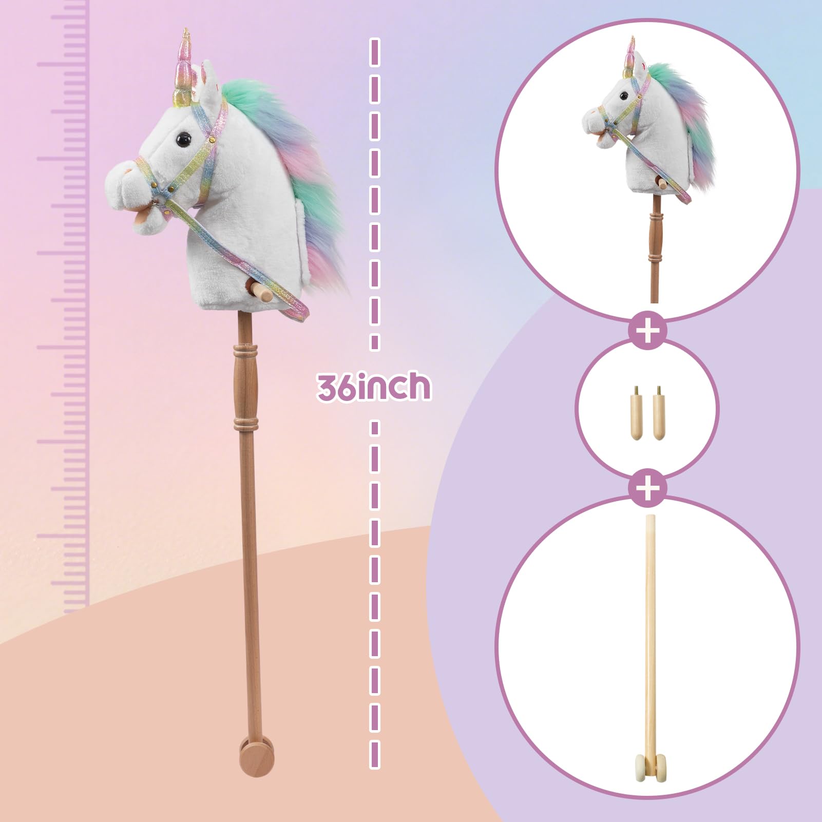 HollyHOME Cavallo a bastone con ruote in legno, vero pony che si avvicina e galoppa, unicorno hobby cavallo con briglia arcobaleno glitterato, bianco 91,2 cm (batterie AA richieste)
