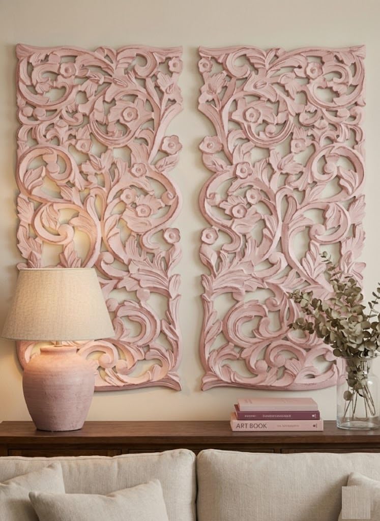 VAS Collection Home Floral MDF Wall Decoration Panel, Wall Decoration Hanging, Wood Carving Wall Decoration Panel for Living Room, Bedroom, Hallway, Office (12" Inch X 27" Inch (Pink)-image-8