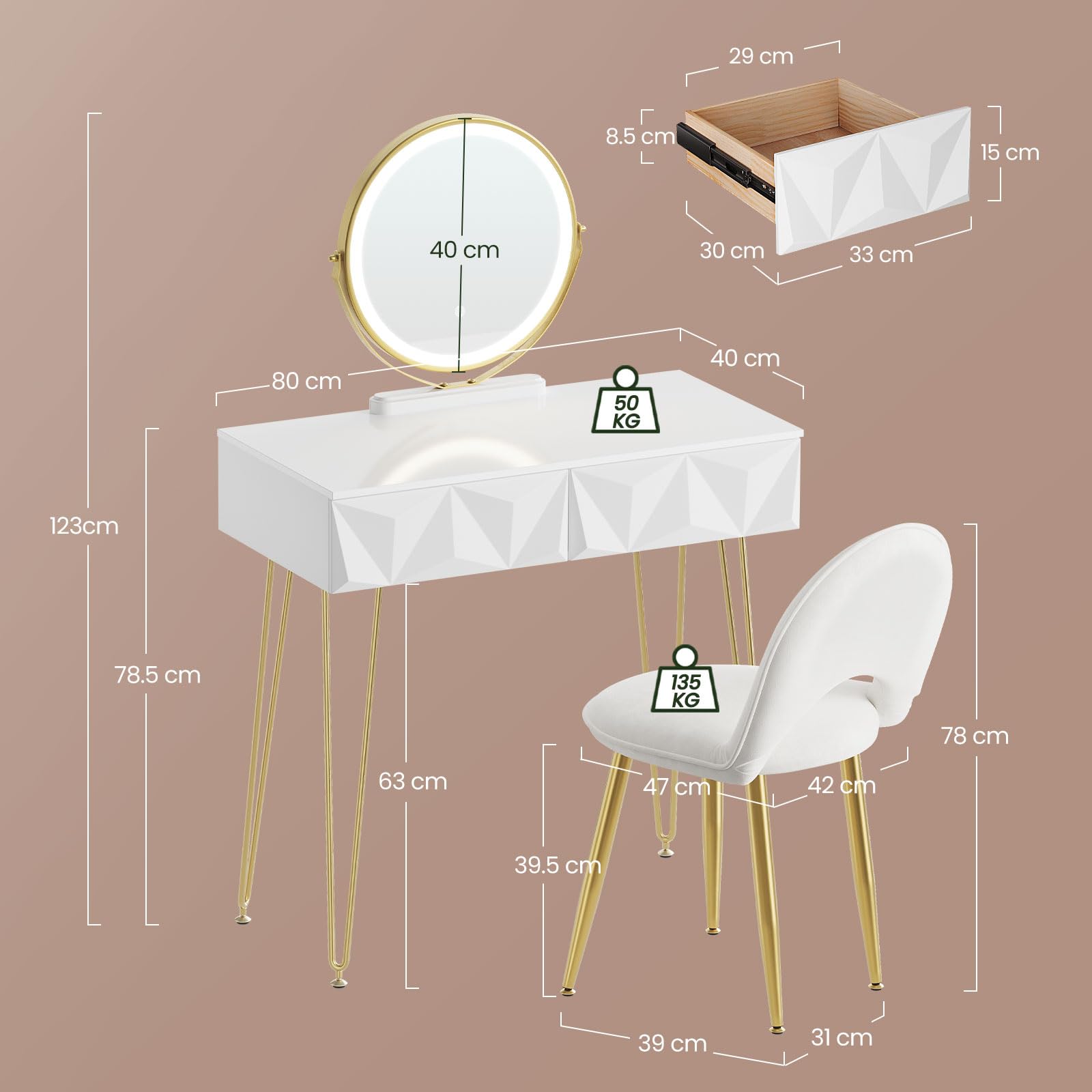 EUGAD Coiffeuse avec Miroir LED Réglable à 3 Niveaux, Table de Maquillage avec Chaise en Velours, avec 2 Tiroirs à Effet 3D en Bois Massif, Moderne, Blanc+Doré, 0056SZT