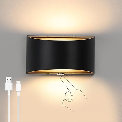 Lightess Aplique de pared LED, lámpara de pared regulable con USB recargable, control táctil, lámpara de montaje en pared arriba hacia abajo, color